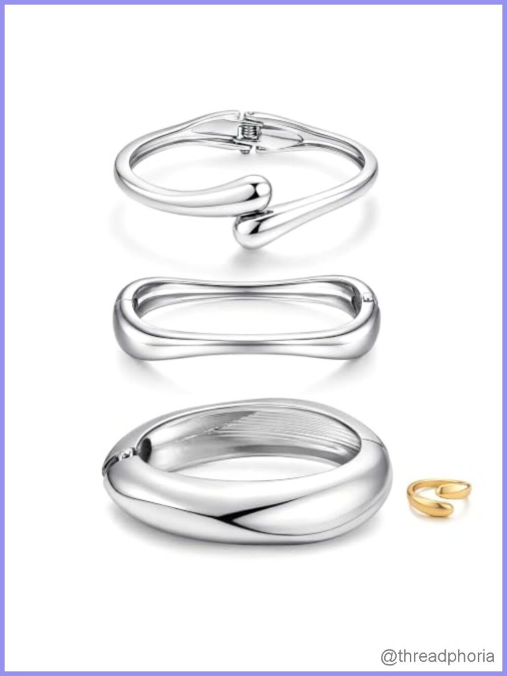 Chunky Gold Plated Bangle Set with Ring, Hypoallergenic Stackable Bracelets for